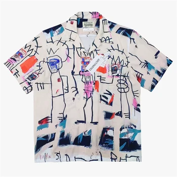 Пляжные рубашки WACKO MARIA, Мужские И женские Высококачественные повседневные топы с пуговицами, Гавайская футболка с коротким рукавом, уличная одежда с граффити