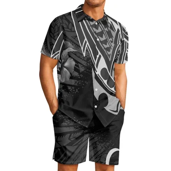 Татуировка с тотемом полинезийского племени Самоа, принты Самоа, мужская повседневная пляжная классическая рубашка с отворотом и пуговицами, дышащий черный короткий рукав