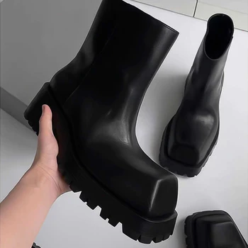Кожаные ботильоны унисекс с большим квадратным носком на зубчатой подошве, женские зимние 2022, черные ботинки без застежки, женская модная обувь для женщин