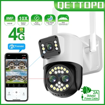 Qettopo 4K 8MP Трехобъективная PTZ-Камера 4G С Двумя Экранами AI Отслеживание Человека Наружная WIFI Система Видеонаблюдения IP-Камера Yoosee