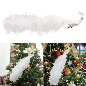 Набор рождественских украшений из перьев, состоящий из 2 рождественских украшений в виде белого павлина, реалистичный зажим из перьев на Рождество для праздника