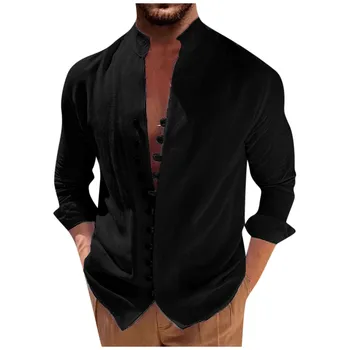 Черная рубашка для мужчин Весна Лето Повседневные однотонные рубашки из хлопка и льна с длинным рукавом винтажная одежда Кардиган Прямая поставка