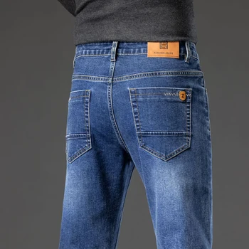 Классические мужские повседневные джинсы из прочной ткани, Модные повседневные синие джинсовые брюки-стрейч, мужские брендовые брюки 34 36 38