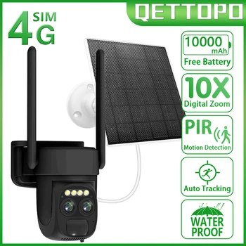 Qettopo 4K 8MP 4G PTZ Двухобъективная WIFI Солнечная камера Аккумулятор PIR Отслеживание человека Наружная камера видеонаблюдения IP-камера