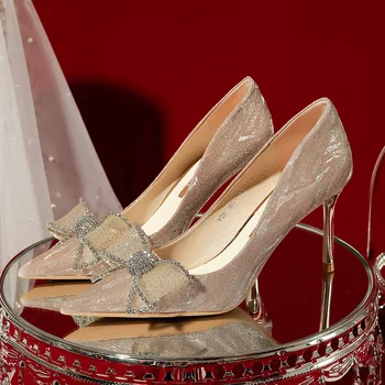 Женские туфли на тонком каблуке с острым носком, весенне-летние новые свадебные туфли, туфли невесты, хрустальные туфли 32-43