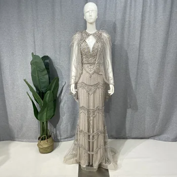 Сексуальные вечерние платья русалки Ume Golden с V-образным вырезом, длинное вечернее платье без рукавов из шали, пряжи и перьев 2023 года выпуска