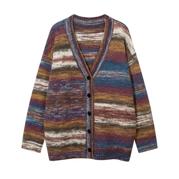 Мужской свитер в полоску с панелями, осень-зима, толстый флис, свободный повседневный однобортный свитер оверсайз, вязаный спицами