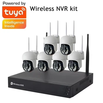 PTZ 8-Канальная видеосистема с 6 камерами Tuya Smart Life Surveillance Camera NVR Kit 1080P Беспроводная Wi-Fi Система ВИДЕОНАБЛЮДЕНИЯ Камера Система безопасности