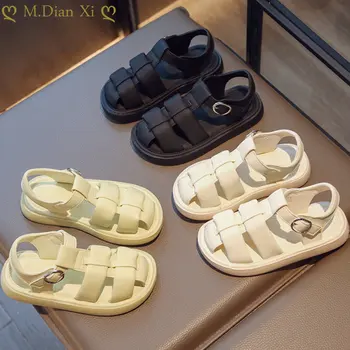 Летние детские сандалии, открытые детские ползунки из мягкой искусственной кожи, трехцветная модная обувь для девочек 26-36 для отдыха