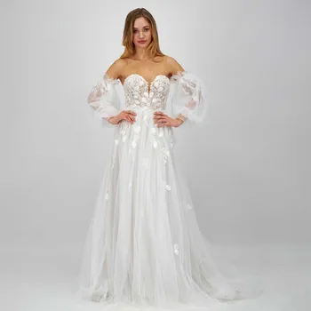 Свадебное платье с 3D цветочными аппликациями с открытыми плечами, Съемные пышные рукава, Иллюзионное Свадебное платье трапециевидной формы, Придворное свадебное платье vestidos