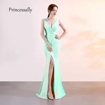 Длинное зеленое платье Русалки для выпускного вечера, V-образный вырез, темно-синее Вечернее платье с бисером, Элегантные простые вечерние платья, robe de soiree, сексуальное