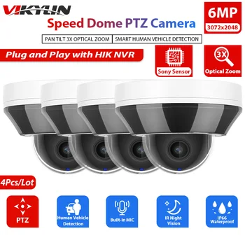 Vikylin 6MP PTZ 3-Кратный Зум Купольная IP-Камера Безопасности, Совместимая с Hik POE 2.8-8mm H.265 IP66, Камера Видеонаблюдения с микрофоном, 4 шт.