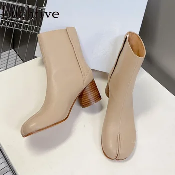 Высококачественные ботильоны из натуральной кожи с раздельным носком, Брендовые Пикантные ботинки на круглом каблуке, Женские ботинки для подиума Femme, Zapatos De Mujer