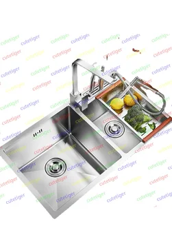 Домашняя мода кухонная ручная раковина с двойной канавкой для мытья овощей стандарт 304 нержавеющая сталь горячая продажа 75x42/78x43 СМ Бесплатная доставка