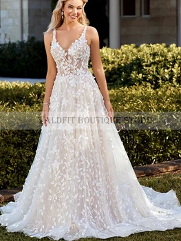 Сшитые на заказ длинные свадебные платья из 3D кружева трапециевидной формы с аппликацией на бретелях, свадебное платье Robe De Mariee