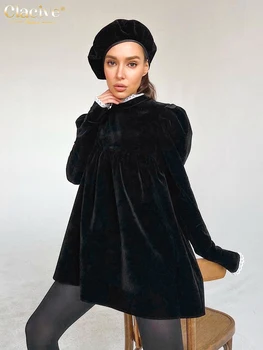 Модные Зимние Свободные женские платья из черного бархата 2023, модное мини-платье с воротником-стойкой и длинным рукавом, Элегантное Классическое женское платье