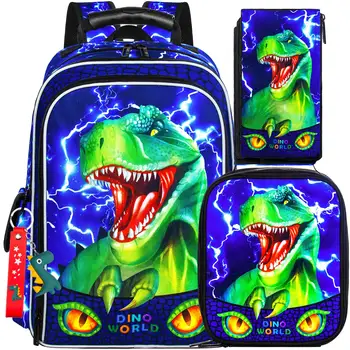 Рюкзак с динозавром из 3 предметов для мальчиков, 16-дюймовая детская сумка для книг с ланч-боксом, водонепроницаемая школьная сумка для малышей младшего школьного возраста