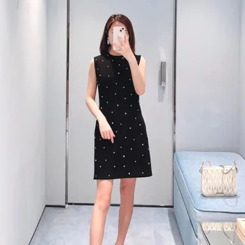 Новое летнее женское платье 2022 года ручной работы с бриллиантами без рукавов All Stars Черное облегающее мини-платье с круглым вырезом выше колена