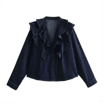 Осенняя женская джинсовая рубашка, куртка, пальто 2023, новое повседневное каскадное украшение, однобортная короткая джинсовая верхняя одежда с длинными рукавами