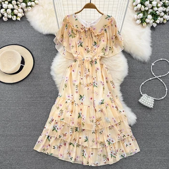Женское шифоновое платье с цветочным принтом во французском стиле, V-образный вырез, оборки, винтажные плиссированные платья 2023, новое летнее платье с высокой талией.