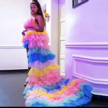Радужные разноцветные многоярусные платья из тюля, женское платье с открытыми плечами и длинным шлейфом, вечерние платья для коктейлей для девочек
