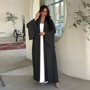 Мусульманское открытое кимоно Абайя для марокканских женщин Модная одежда с рюшами на рукавах из арабского Дубая Халат Джалабият Турция Мягкий халат Персидского залива