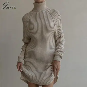 Joskaa Элегантное Трикотажное Свободное мини-платье в рубчик, женская мода, Облегающие платья-свитера с высоким воротом и длинным рукавом, Зимняя клубная одежда 2023 года