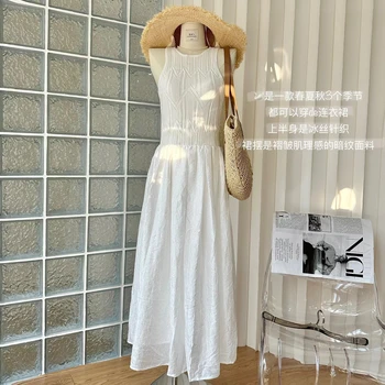 Женское жилетное белое платье с отстрочкой, длинные платья без рукавов, Корейское модное элегантное вечернее платье, женские платья, летняя распродажа