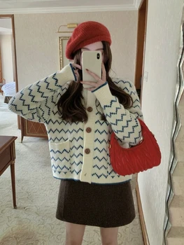 Korejepo Сине-белый Вязаный Кардиган Для женщин, Ранняя осень, Новая одежда в японском стиле 2023, Свободный свитер в нежном стиле, Модная куртка