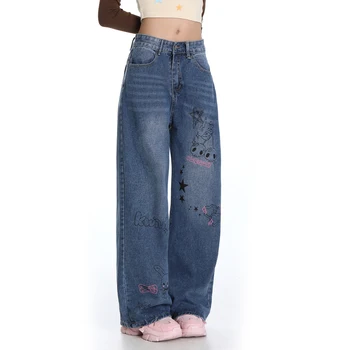 2023 Осенние женские ретро джинсы с высокой талией, свободные повседневные брюки, комбинезоны, шаровары с английским мультяшным рисунком, бесплатная доставка