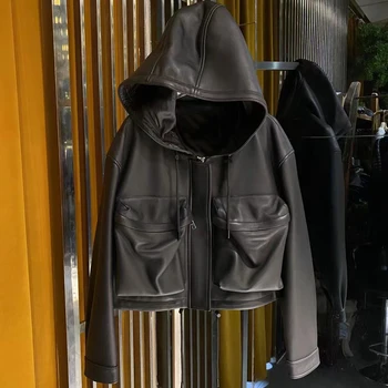 Высококачественная куртка из натуральной кожи с капюшоном, новинка 2023 года, модное женское пальто короткой длины, весенне-осенний рукав с заниженными плечами.