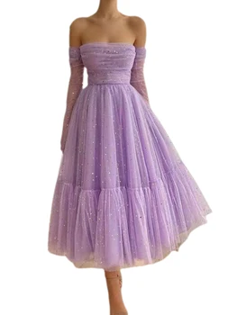 Женское сетчатое длинное вечернее платье с открытой спиной, блестками, вырезом лодочкой, открытыми плечами, длинным рукавом, коктейльное платье трапециевидной формы для вечеринки