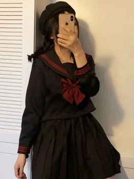 Униформа Jk, комплекты из 2 предметов, Женская базовая модель, Красный костюм-тройка, Черный топ Bad Girl Sailor + Черная плиссированная юбка, костюм Japan Uniform