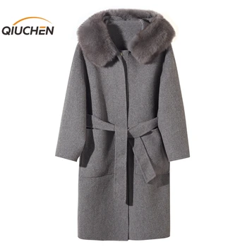 QIUCHEN PJ2022 Новое поступление, высококачественная длинная кашемировая женская куртка с воротником из натурального лисьего меха, модная модель шерстяного пальто