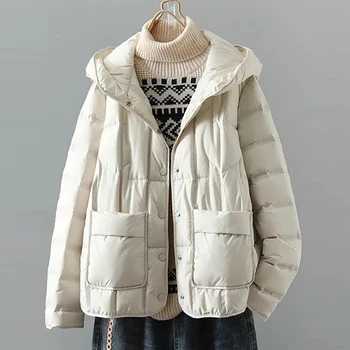 Зимняя женская одежда из 90% Белого утиного пуха, новая Корейская свободная легкая пуховая куртка с капюшоном, женские повседневные пальто, верхняя одежда