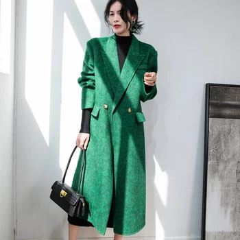 Высококачественное Зеленое Двустороннее Твидовое пальто из кашемировой шерсти во французском ретро-стиле Средней длины и Нишевые Твидовые куртки с подкладкой