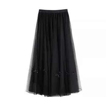 Новая плиссированная юбка средней длины в сетку с бантиком, сетчатая сетчатая юбка-трапеция с провисанием