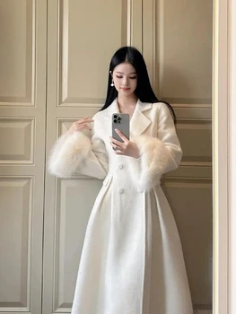 Женские белые шерстяные пальто трапециевидной формы с отложным воротником, Корейские модные Двубортные пальто с рукавами из искусственного меха