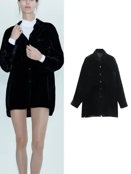 Блузка TRAF для женской одежды, темпераментные бархатные рубашки с длинными рукавами, топы оверсайз, повседневные черные блузки с отложным воротником