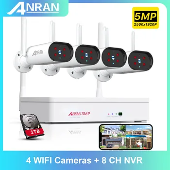 Система видеонаблюдения ANRAN Наружная беспроводная камера WiFi, цветное ночное видение, 4 камеры, комплект видеонаблюдения, 8-канальный комплект безопасности NVR