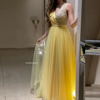 OEING Выпускные платья с V-образным вырезом, Элегантный тюль длиной до пола, желтое элегантное свадебное платье с блестками, вечерние платья, халаты
