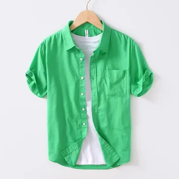 Зеленые Хлопчатобумажные Льняные Рубашки для Мужчин, Летняя Однотонная Рубашка с Коротким Рукавом и Карманом, Повседневная Обычная Посадка, Мягкие Дышащие Топы, Мужские