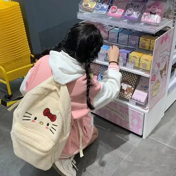 Sanrio Школьный ранец из шерсти ягненка hello kitty, рюкзак большой емкости, Дорожная сумка для хранения для девочек, милая Мультяшная сумочка