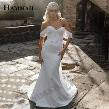 Нежные свадебные платья HAMMAH с открытыми плечами для невесты, жемчуг, Русалка, милая, атласное платье в складку, сшитое по индивидуальному заказу