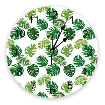 Листья Тропического Растения Зелено-Белые Настенные Часы Для Украшения Дома Гостиной Кварцевые Игольчатые Подвесные Часы Современные Кухонные Часы