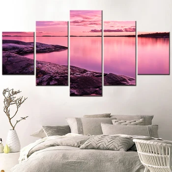 5-панельные настенные картины на холсте, осенний закат, розовое озеро, картины для эстетического оформления интерьера, плакат, современное украшение дома