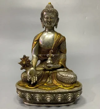 20 см 8 дюймов бронза медь позолота серебрение буддизм Будда Медицины Шакьямуни