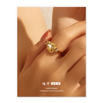 Латунь, покрытая настоящим золотом 18 карат, модный вогнуто-выпуклый дизайн, кольцо-браслет с натуральным жемчугом и золотой фольгой, украшенное кольцом-фольгой