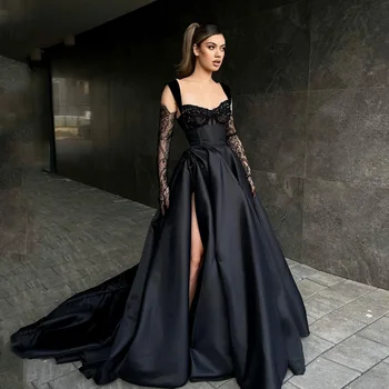 Черные вечерние платья 2023 года, платье для выпускного вечера без рукавов с глубоким вырезом, расшитое бисером, платья знаменитостей с высоким разрезом, платья А-силуэта