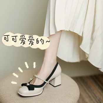 Темперамент на французских высоких каблуках 2022 Новая женская обувь Mary Jane, сказочные туфли на среднем каблуке с жемчугом в стиле ретро, толстые тонкие туфли